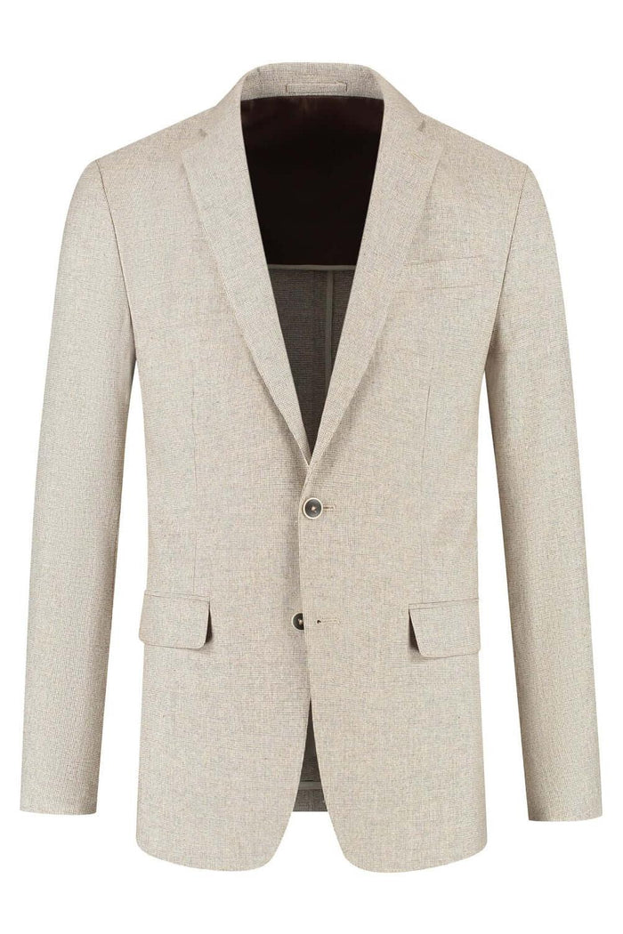 Pak katoen-linnen beige-bruin: ademende beige-bruin blazer van katoen-linnen met natuurlijke textuur.