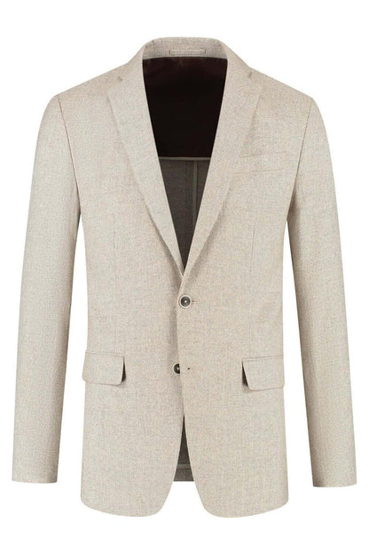 Pak katoen-linnen beige-bruin: ademende beige-bruin blazer van katoen-linnen met natuurlijke textuur.