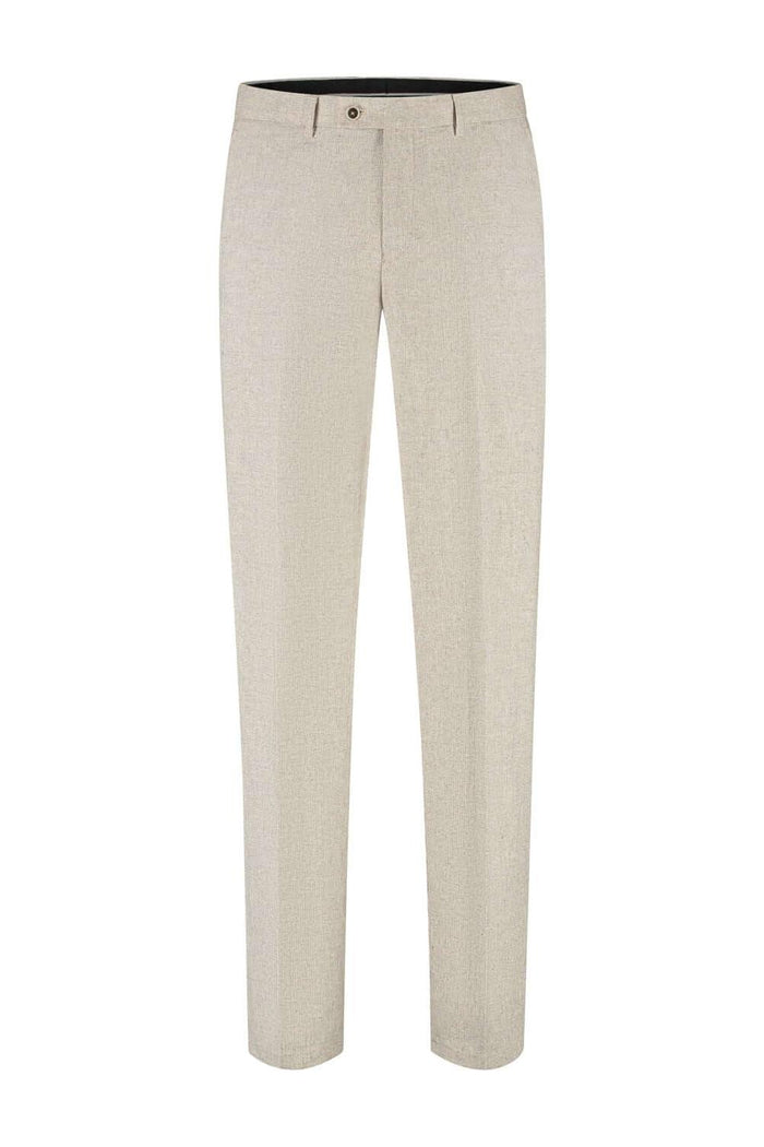 Pak katoen-linnen beige-bruin, ademende, elastaan, natuurlijke textuur, stijlvolle en comfortabele broek.