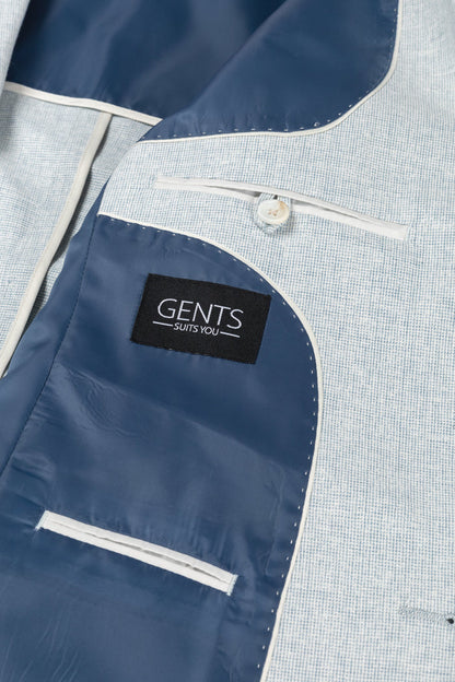 Detail of Pak katoen-linnen lichtblauw suit with GENTS label.
