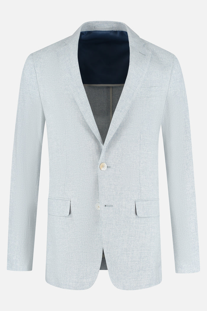 Pak katoen-linnen lichtblauw herenjacket met een lichtblauw patroon en binnenvoering.