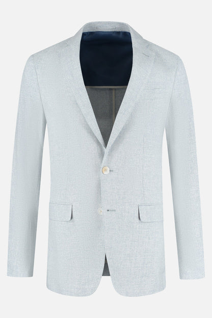 Pak katoen-linnen lichtblauw herenjacket met een lichtblauw patroon en binnenvoering.