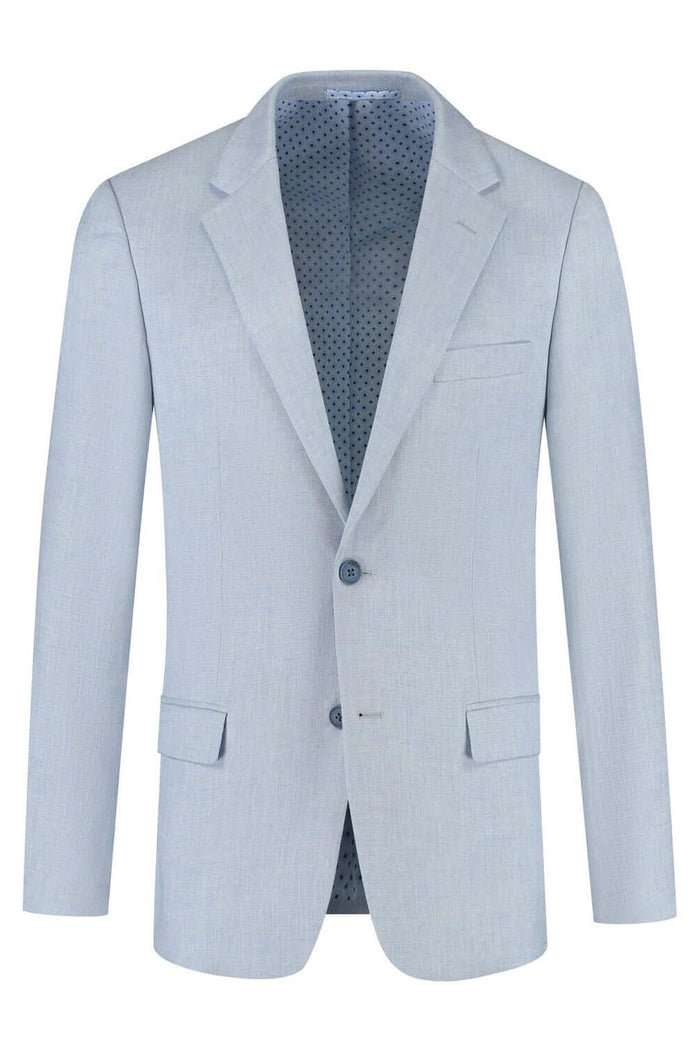 Pak lichtblauw 3-delig - Lichtblauwe blazer met eigentijdse snit en polka dots aan binnenkant.