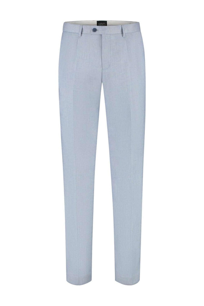 Pak lichtblauw 3-delig met eigentijdse snit, stijlvolle lichtblauwe broek voor zakelijke gelegenheden.