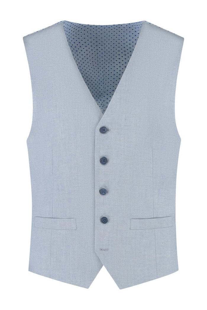 Pak lichtblauw 3-delig: lichtblauw vest met knopen en moderne snit, perfect voor zakelijke gelegenheden.