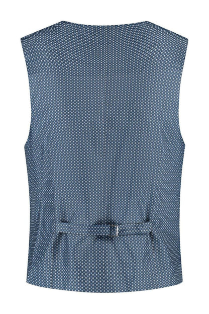 Achterkant van een gilet linnenblend duifblauw met verstelbare band en ademend materiaal.
