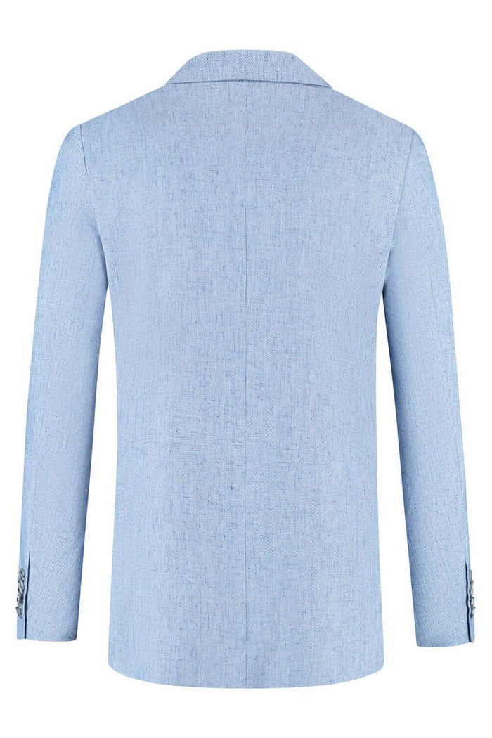 Pak linnenblend duifblauw achteraanzicht van het stijlvolle jasje met comfortabele stretch.