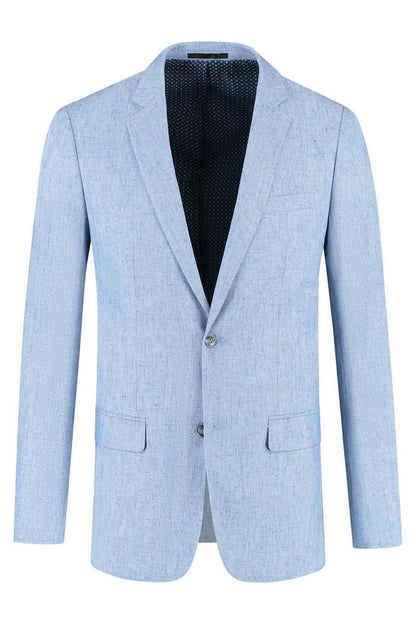 Pak linnenblend duifblauw, stijlvol jas met comfortabele stretch en verfijnde afwerking.