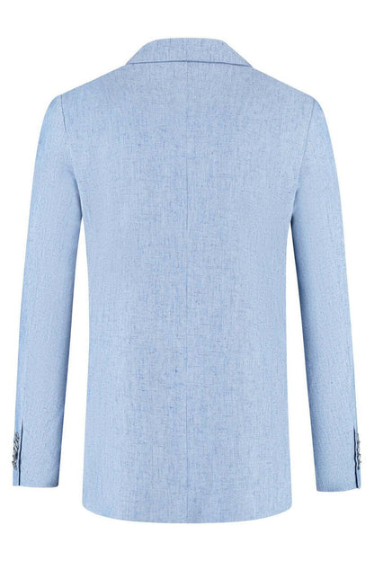 Pak linnenblend duifblauw achteraanzicht van het stijlvolle jasje met comfortabele stretch.