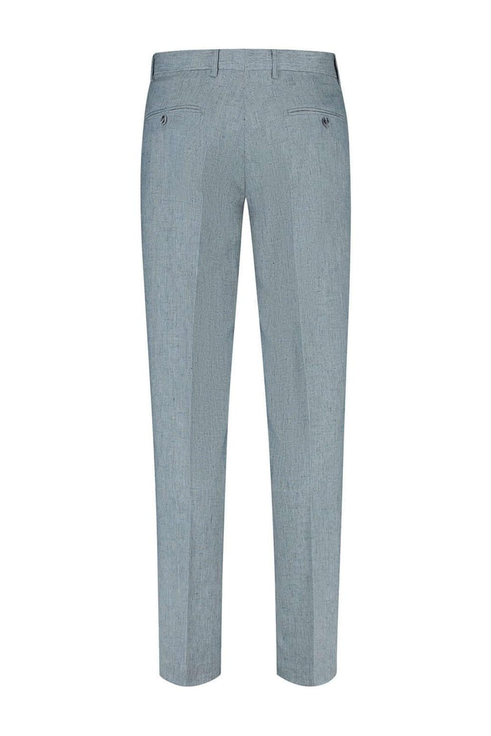 Pak linnenblend mistgroen pantalon met stijlvolle achterkant en ademend stretch materiaal.
