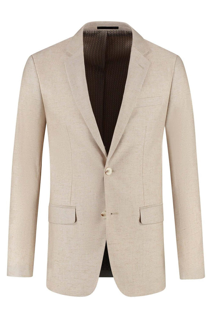 Pak linnenblend strandzand, beige linnenblend pak met nette kraag en knoopsluiting, ademend en comfortabel.