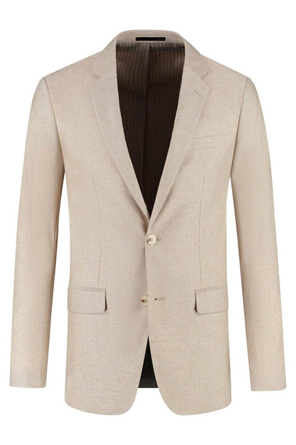 Pak linnenblend strandzand, beige linnenblend pak met nette kraag en knoopsluiting, ademend en comfortabel.