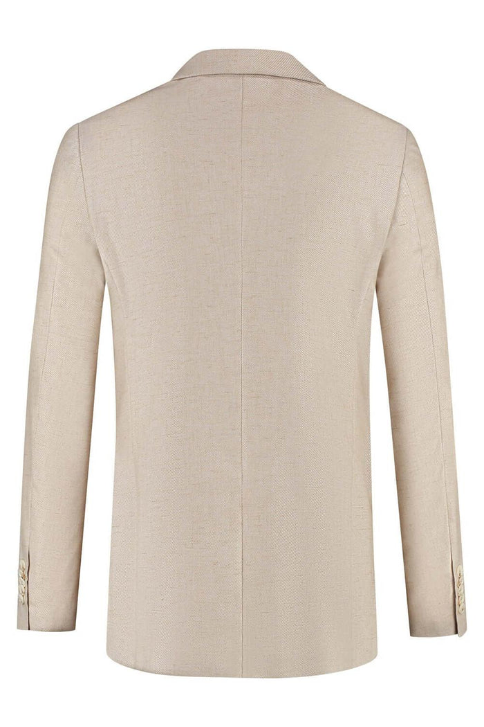 A beige pak linnenblend strandzand jacket showcasing a neat collar and back view, perfect for summer wear.