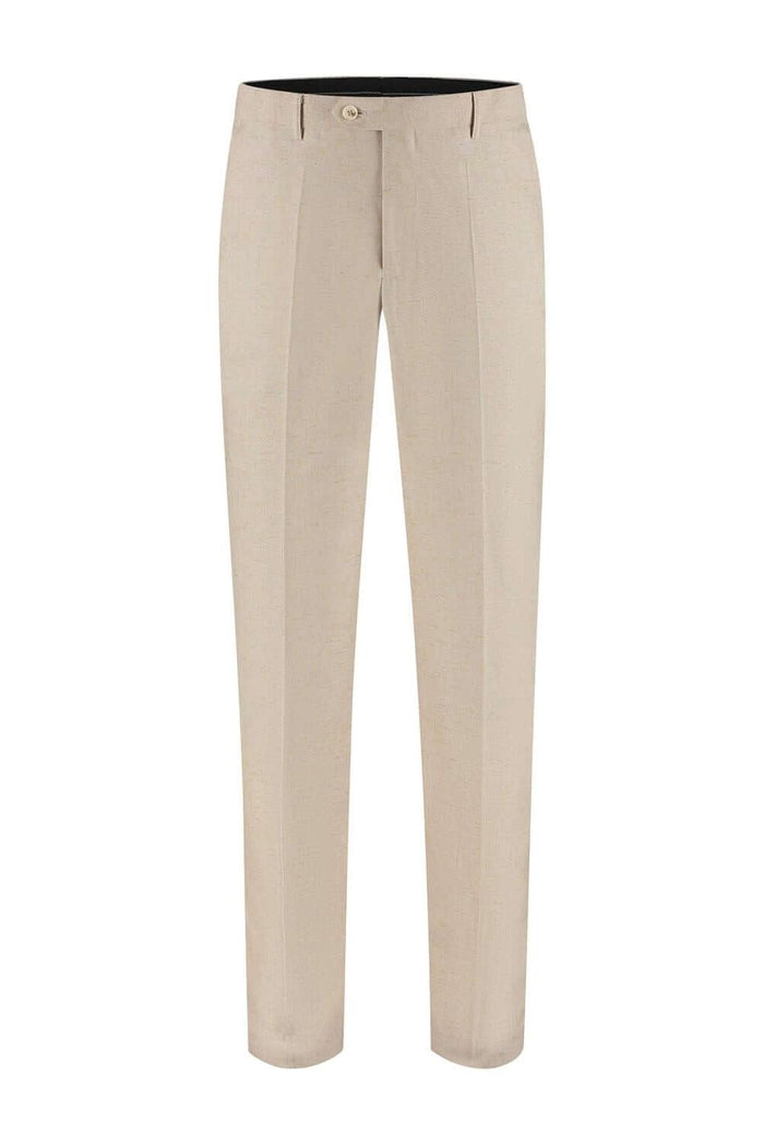 Pak linnenblend strandzand: beige linnenblend pak met nette kraag en knoopsluiting, ademend en comfortabel.