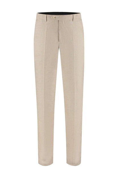 Pak linnenblend strandzand: beige linnenblend pak met nette kraag en knoopsluiting, ademend en comfortabel.