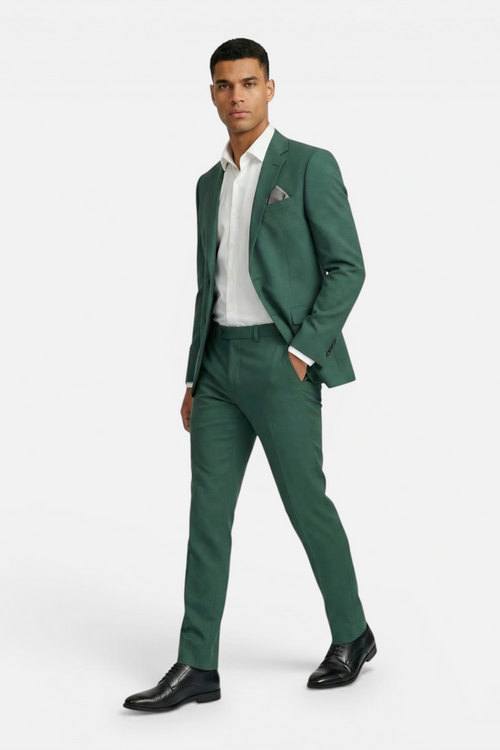 Pak linnenlook groen, zomers tweedelig pak met ademend comfort en zakelijke uitstraling.