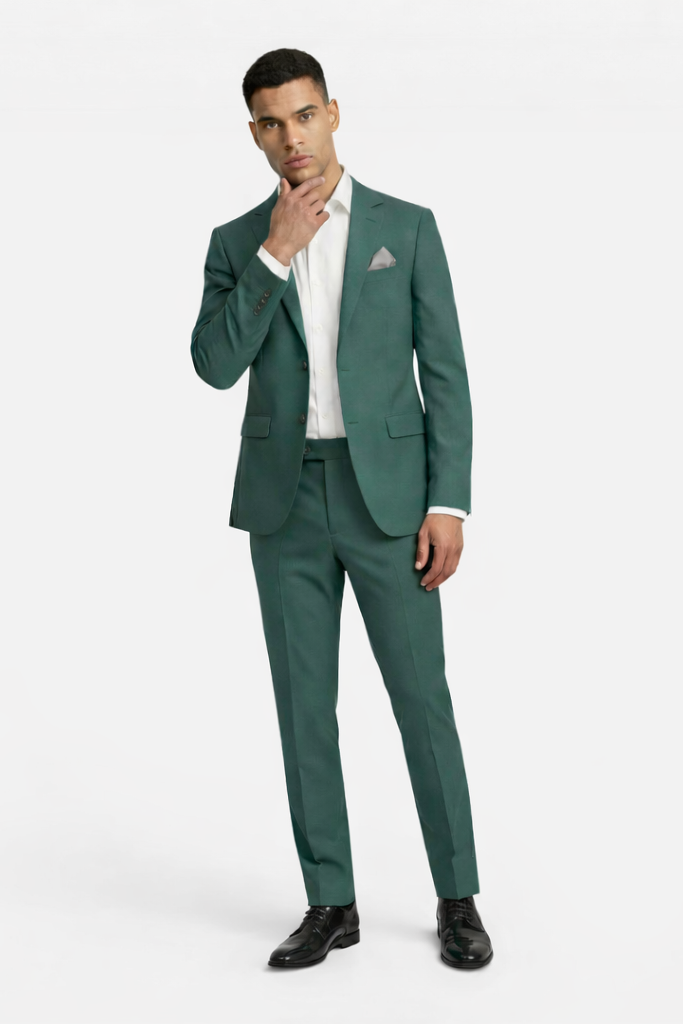 Pak linnenlook groen, zomers tweedelig pak met ademend comfort en zakelijke uitstraling.