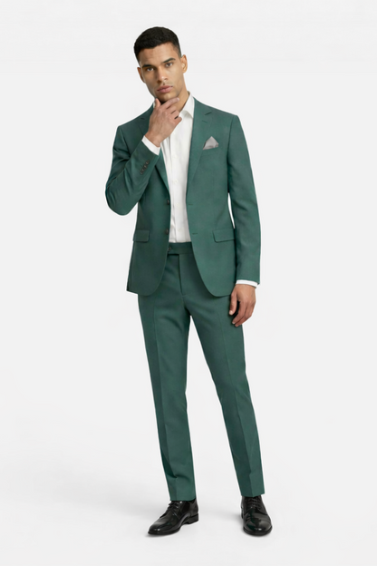 Pak linnenlook groen, zomers tweedelig pak met ademend comfort en zakelijke uitstraling.
