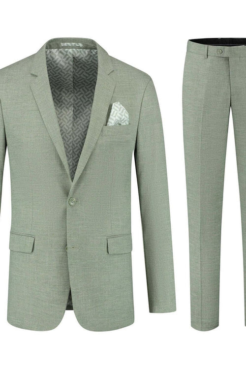 Pak linnenlook saliegroen, ademend en comfortabel tweedelig pak voor warme dagen.