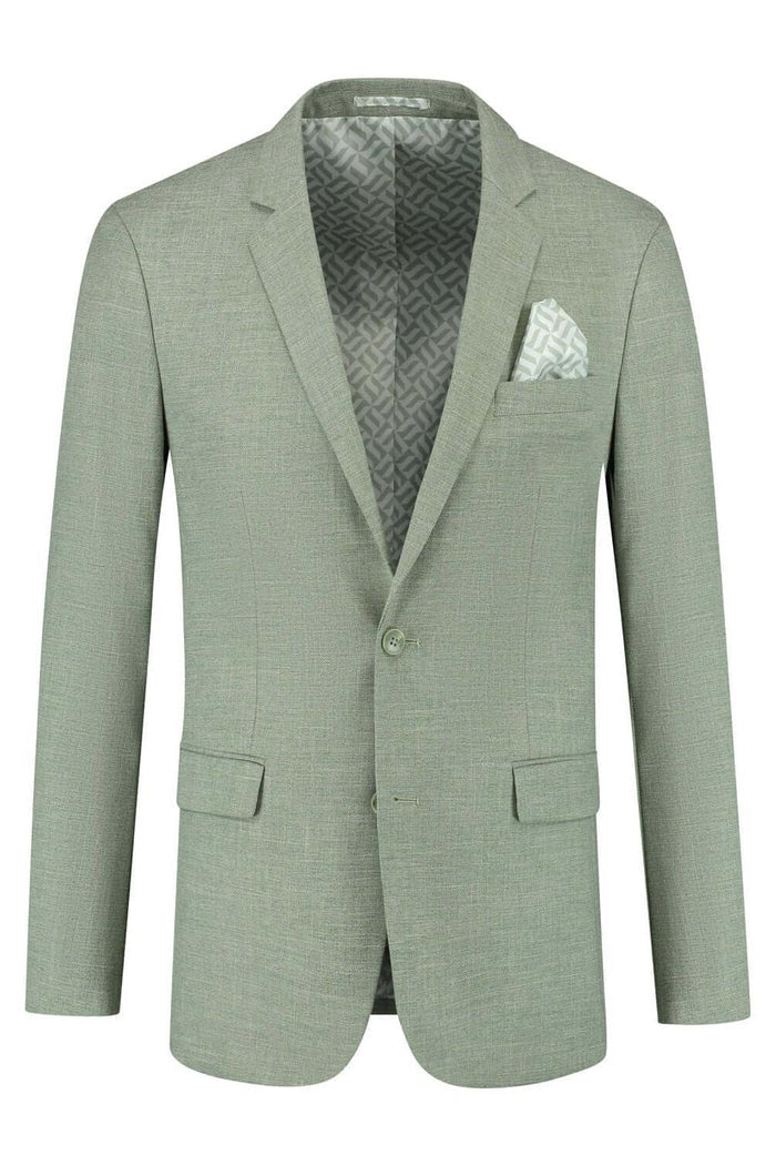 Pak linnenlook saliegroen herenblazer met zakdoek, perfect voor warme dagen.