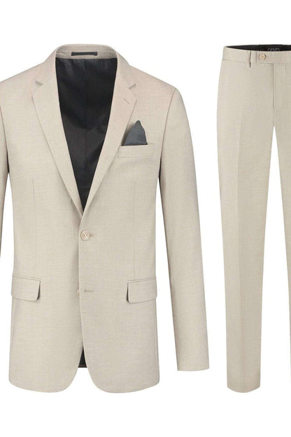Pak linnenlook zand 2-delig set met blazer en broek in zandkleur.