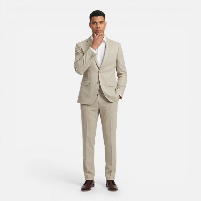 Pak pepita beige: modern beige tweed suit with wrinkle-resistant fabric, perfect for stylish occasions.