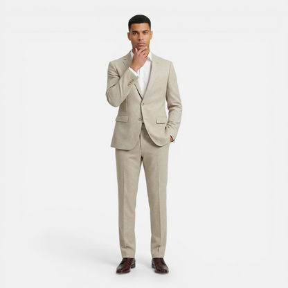 Pak pepita beige: modern beige tweed suit with wrinkle-resistant fabric, perfect for stylish occasions.