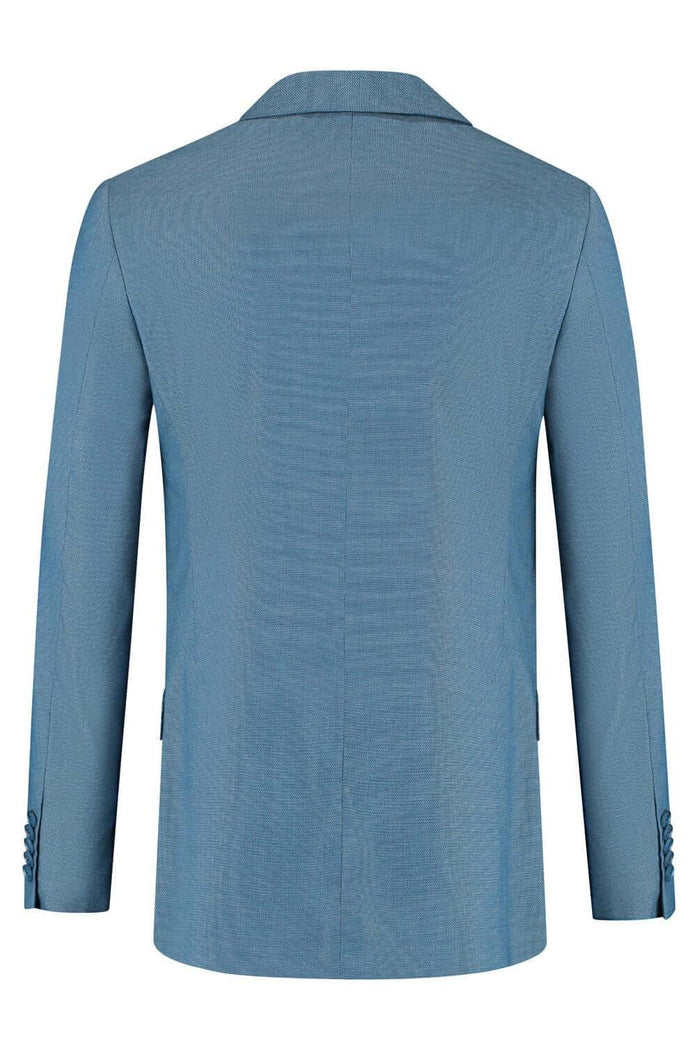 A back view of a stylish Pak petrol blauw jacket, showcasing its modern design and sharp finish.