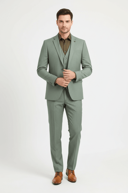 Pak pinstripe groen 3-delig met een moderne snit, perfect voor formele gelegenheden.