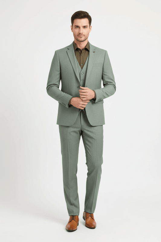 Pak pinstripe groen 3-delig met een moderne snit, perfect voor formele gelegenheden.