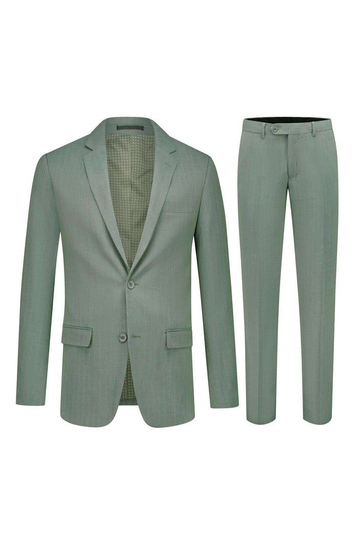 Pak pinstripe groen 3-delig set met jasje en broek, perfect voor een stijlvolle outfit.