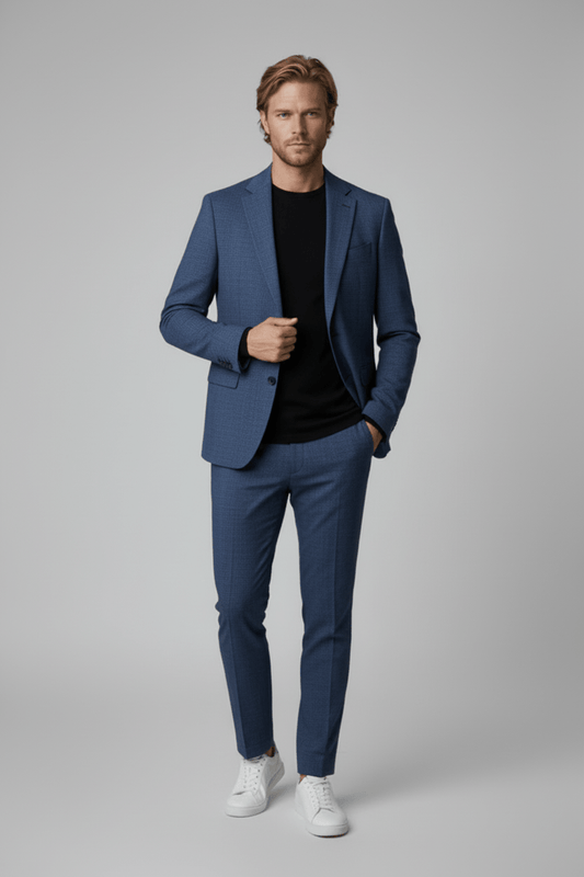Pak Stretch Birdseye Blauw 2-delig, stijlvolle man in blauwe pak met sneakers op een neutrale achtergrond.