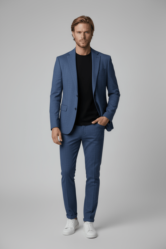 Pak Stretch Birdseye Blauw 2-delig stylisch herenkostuum met blazer en pantalon in blauw.