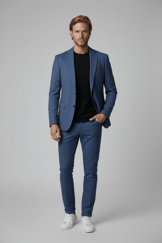 Pak Stretch Birdseye Blauw 2-delig stylisch herenkostuum met blazer en pantalon in blauw.