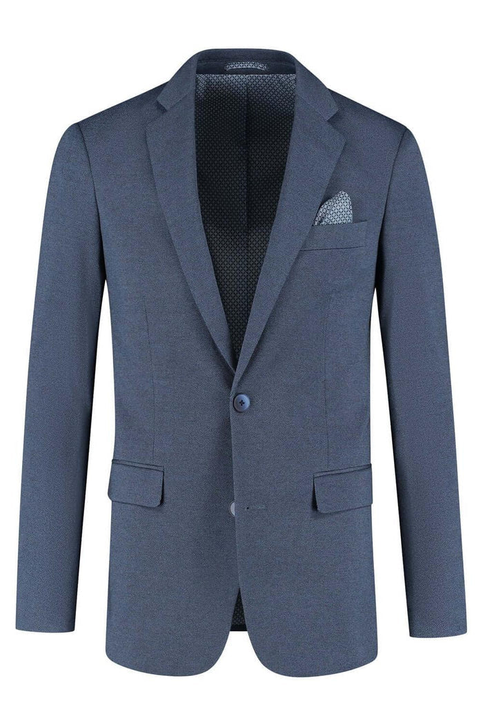 Pak Stretch Birdseye Blauw - Stijlvolle blauwe blazer met birdseye textuur en zakdetail.