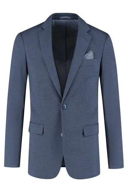 Pak Stretch Birdseye Blauw - Stijlvolle blauwe blazer met birdseye textuur en zakdetail.
