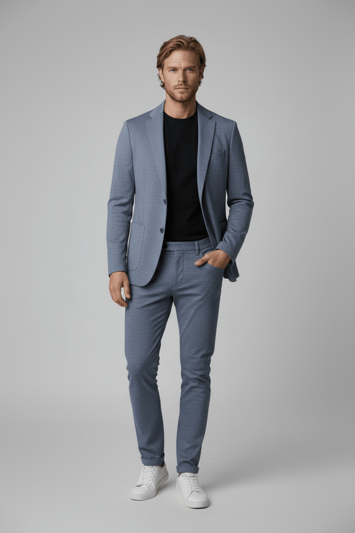 Pak stretch blauwgrijs 2-delig model in een nette outfit met blazer en broek.