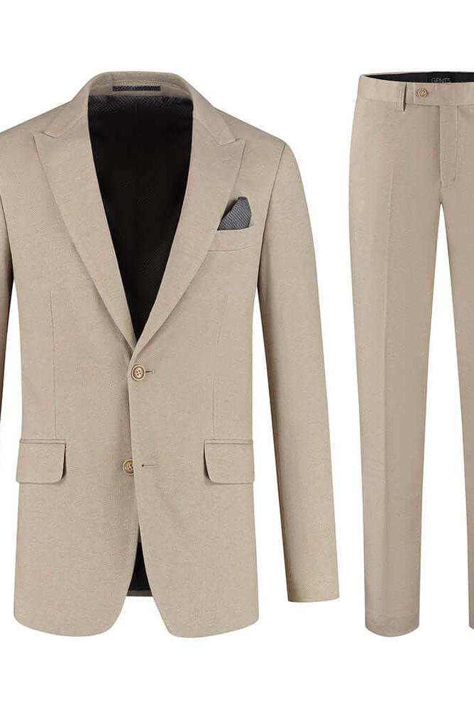 Pak stretch dune beige - stijlvolle beige stretchpak met nette afwerking, blazer en broek.