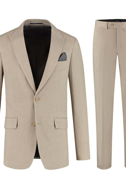 Pak stretch dune beige - stijlvolle beige stretchpak met nette afwerking, blazer en broek.