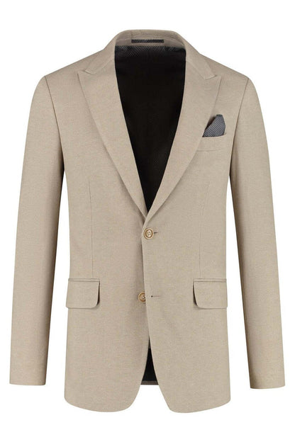 Pak stretch dune beige blazer in elegant dune beige with neat finishing and pocket square.