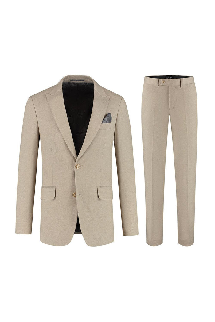 Pak stretch dune beige met nette afwerking in een elegante beige kleur, bestaande uit blazer en broek.