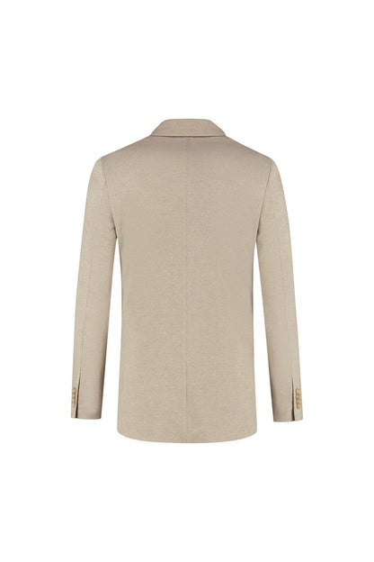 A stylish back view of a Pak stretch dune beige jacket with fine finishing details.