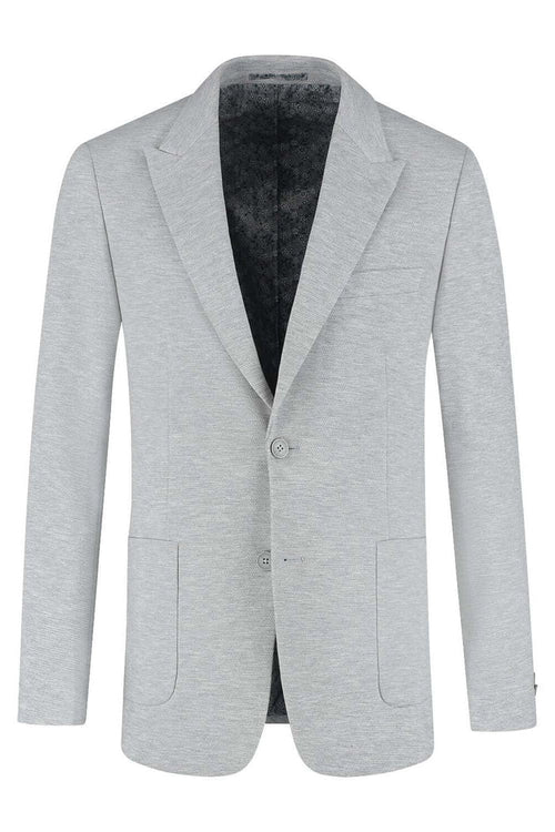Colbert stretch pique melange grijs, elegante grijze melange colbert met stretch voor zakelijke en casual gelegenheden.
