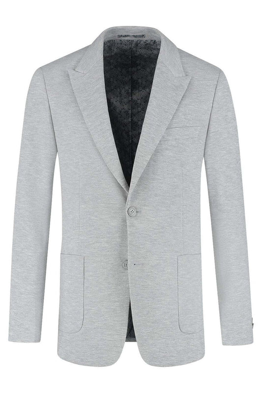 Colbert stretch pique melange grijs, elegante grijze melange colbert met stretch voor zakelijke en casual gelegenheden.
