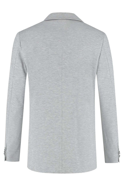 Colbert stretch pique melange grijs, achterkant van de colbert in grijze melange met stretch.