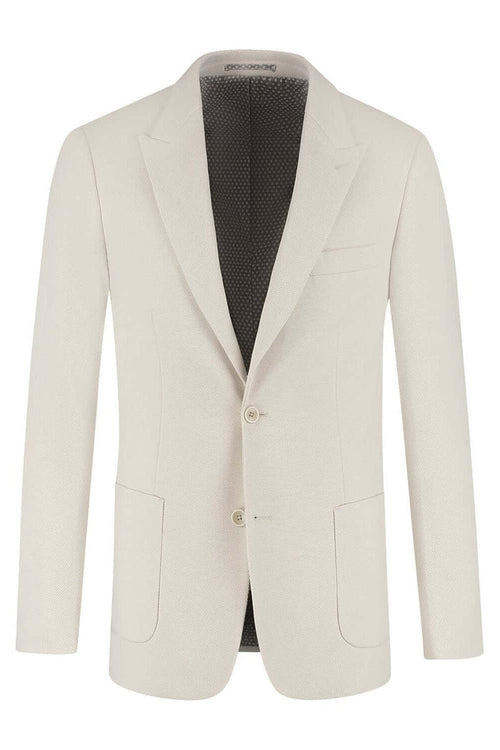 Pak Stretch Piqué Zand 2-delig: een stijlvolle beige blazer met een moderne fit en zachte textuur.