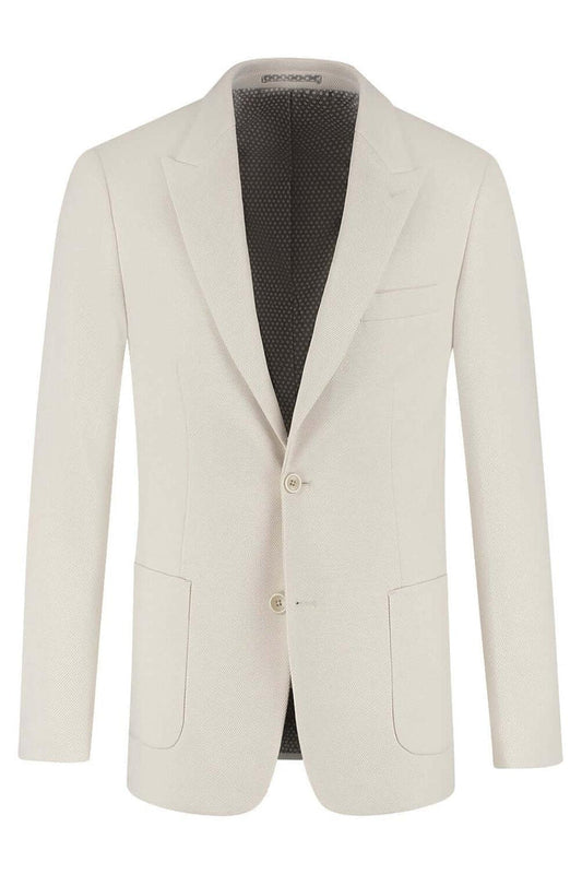 Pak Stretch Piqué Zand 2-delig: een stijlvolle beige blazer met een moderne fit en zachte textuur.