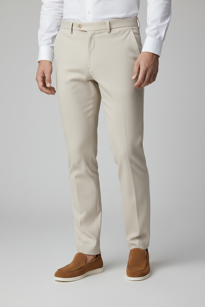 Pantalon stretch pique zand, zandkleurige stretch-pique broek voor daglang comfort en stijl.