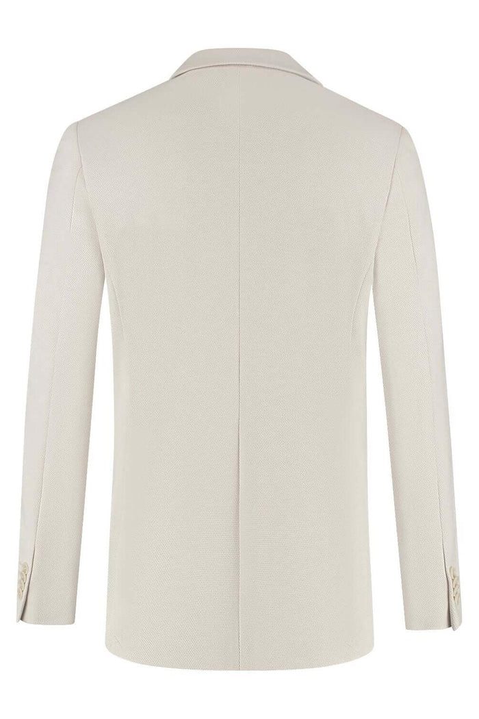 A refined back view of the Pak Stretch Piqué Zand 2-delig jacket in premium stretch piqué fabric.