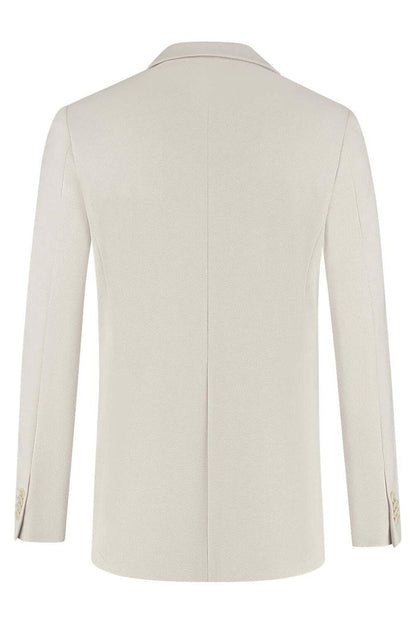 A refined back view of the Pak Stretch Piqué Zand 2-delig jacket in premium stretch piqué fabric.